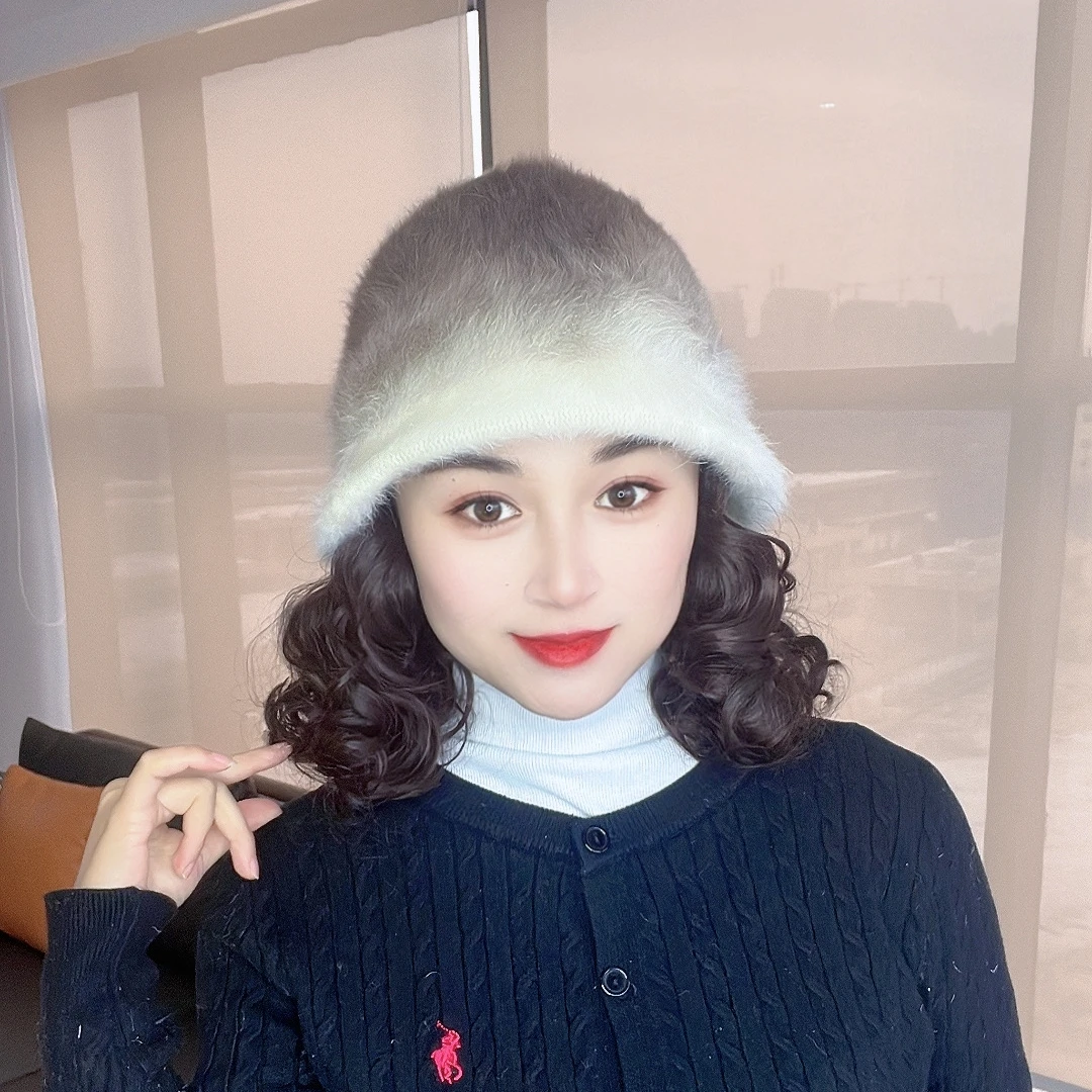 假发帽子一体式时尚秋冬款渐变咖色水桶帽慵懒卷仿真人发短卷发