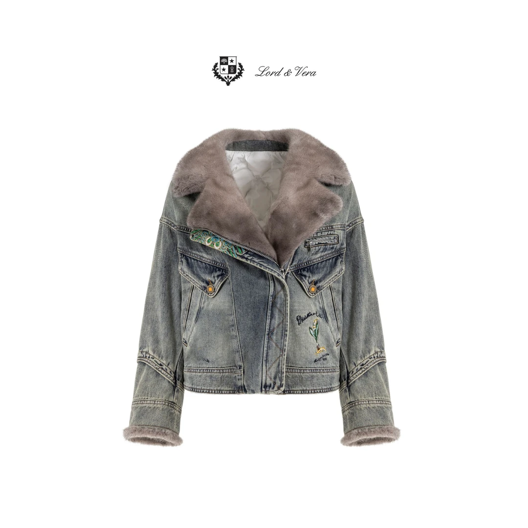 ROLIN【LORD&VERA精选】设计师款水貂领精致刺绣牛仔羽绒服