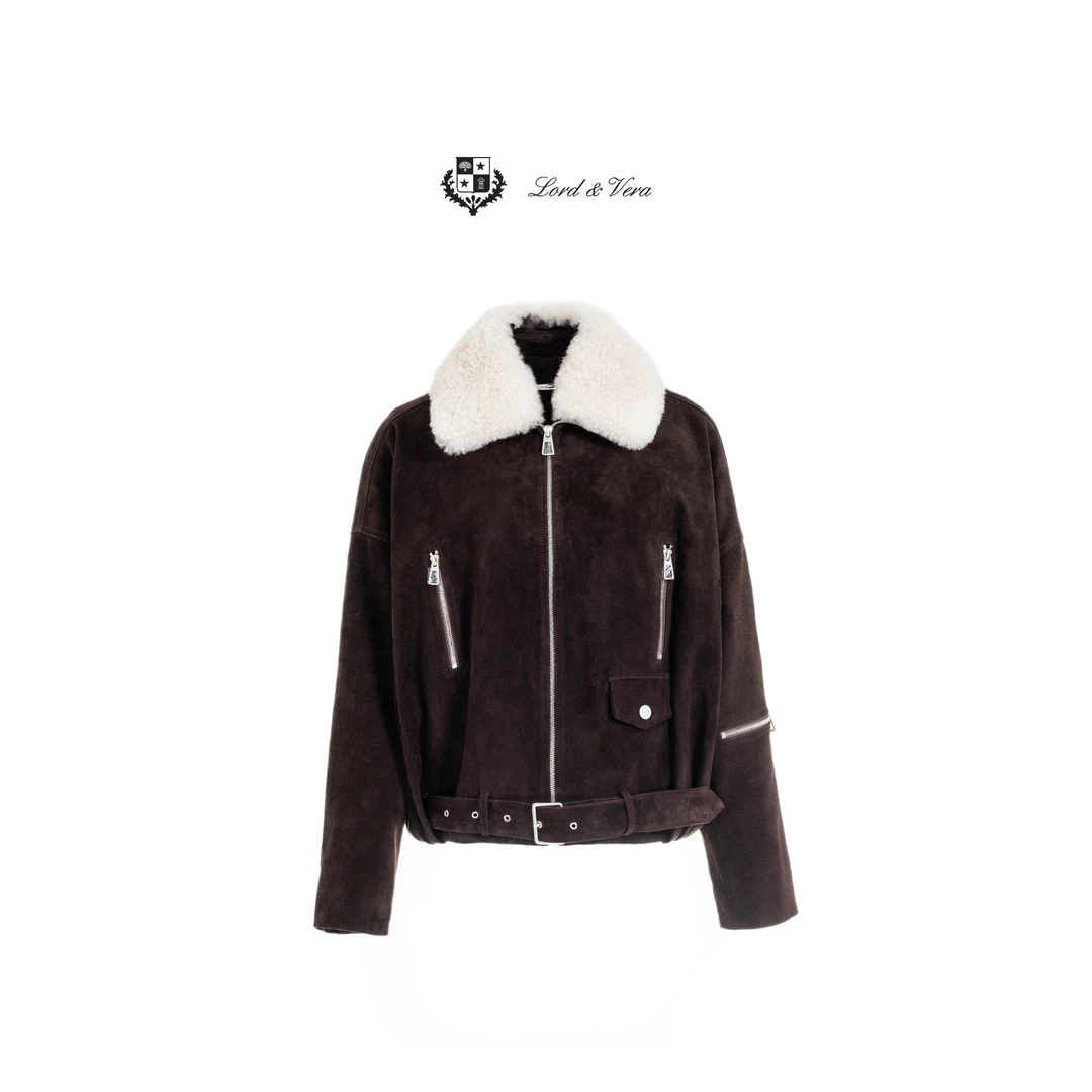 ROLIN【LORD&VERA精选】设计师款时尚巧克力色羊毛领冬季皮外套