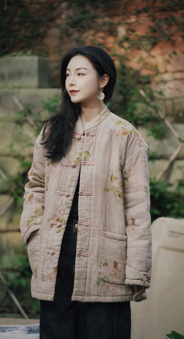 原创设计24-1780【心安勿忘】棉长袖宽松中国风印花立领盘扣棉衣