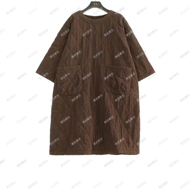 原创设计24-1782【枯木逢春】亚麻菱格复古宽松加厚秋冬棉衣袍子