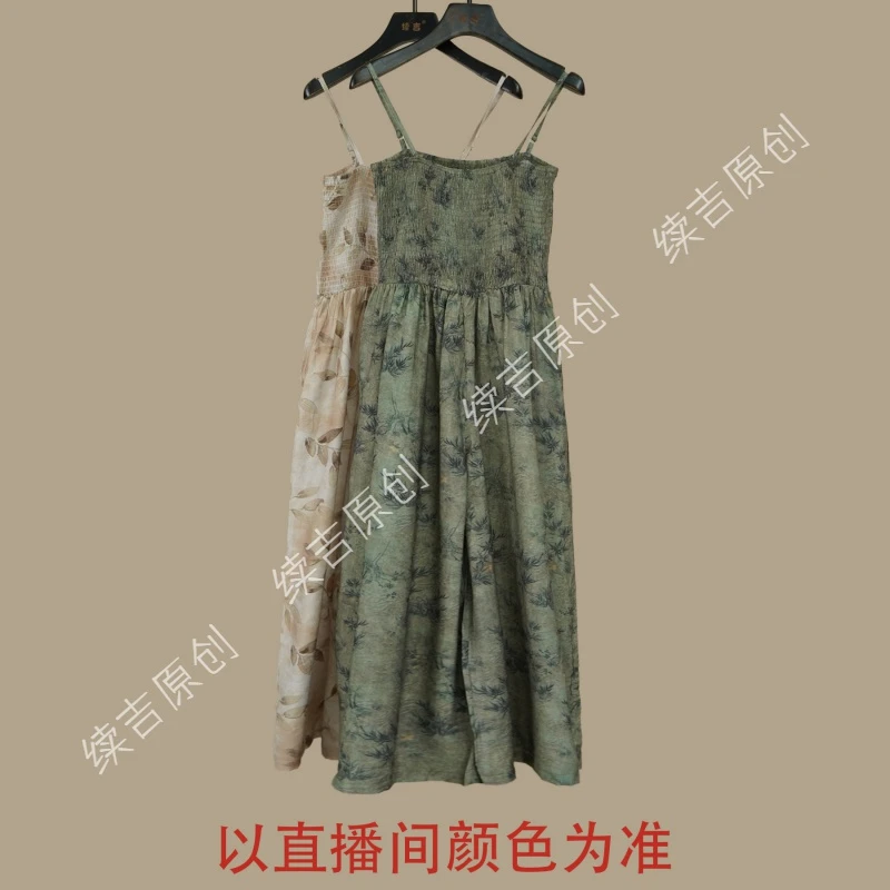 续吉出品4084复古冷清印花松紧设计吊带连体裙裤阔腿吊带裤