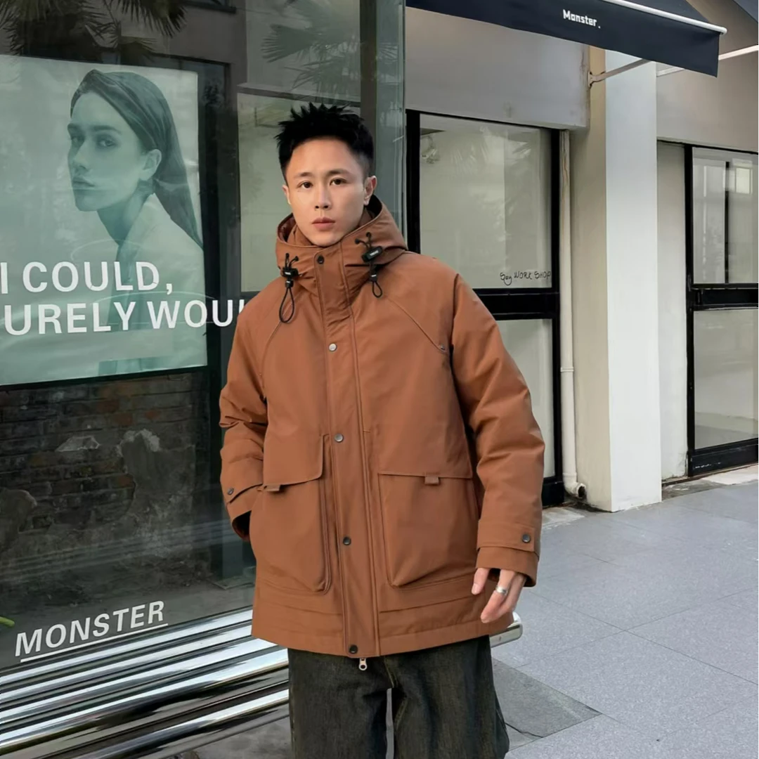 工装连帽羽绒服男中长款冬季新款潮流帅气一手长户外保暖外套