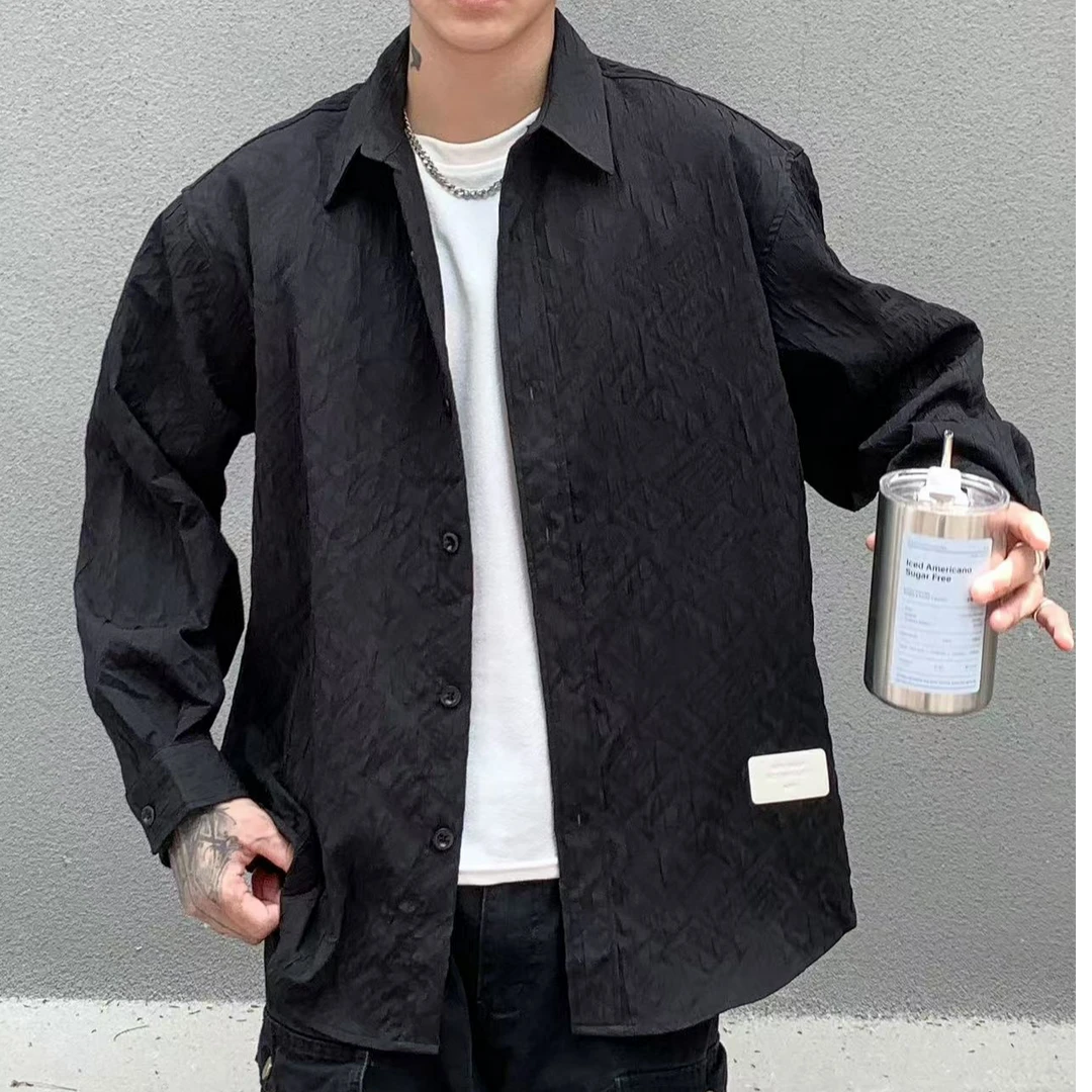 专柜高定艺术肌理感提花痞帅衬衫男士春秋款休闲长袖黑衬衣薄外套