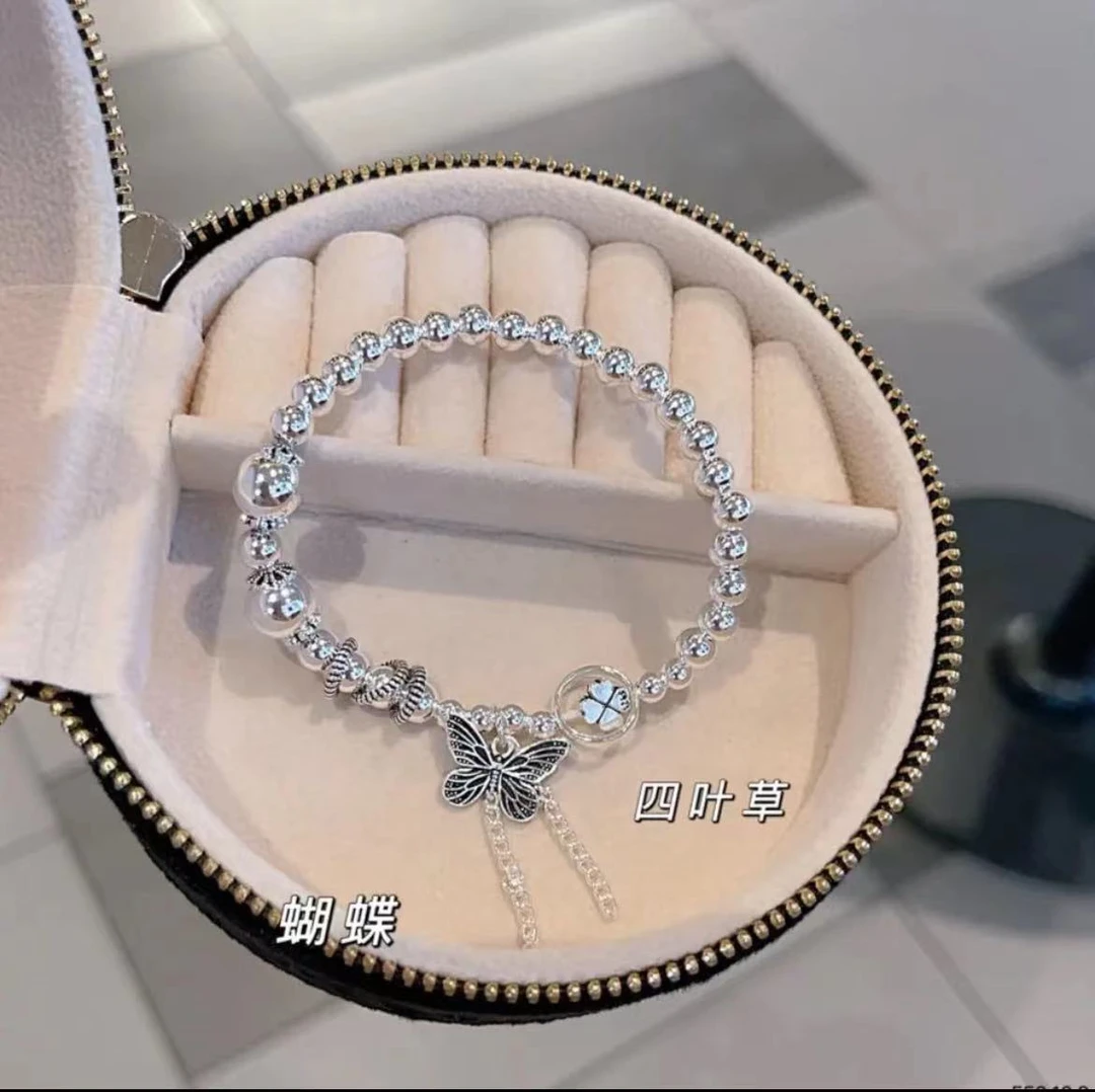925银手链 纯银925《翩翩起舞》四叶草蝴蝶流苏手链气质百搭