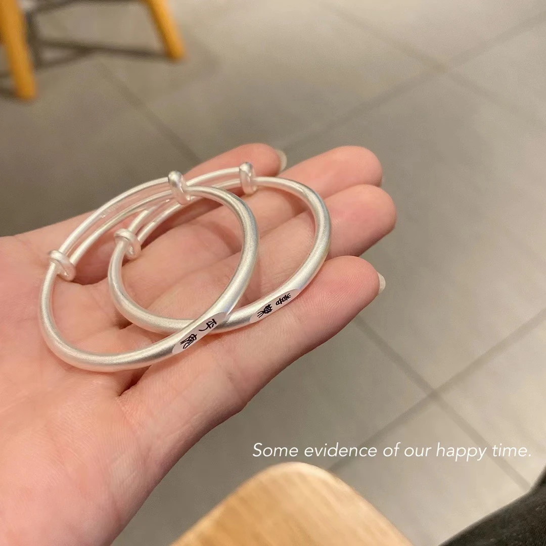 足银手镯 足银999 古法平安喜乐宝宝推拉手镯手工素款可爱