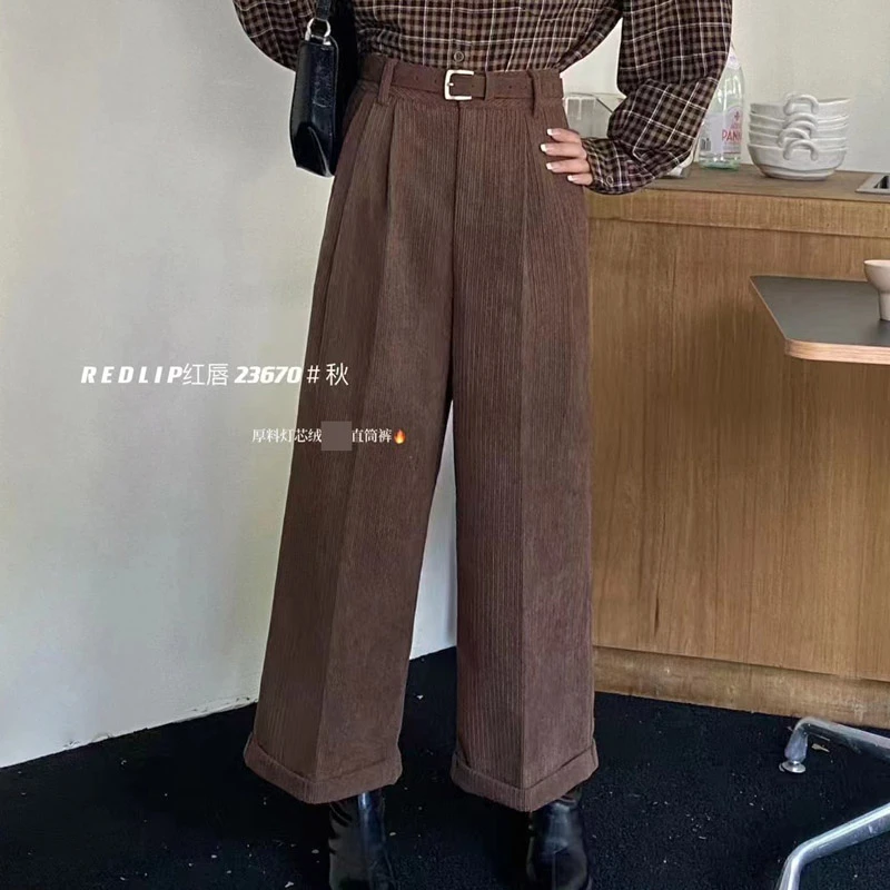REDLIP红唇23670灯芯绒直筒裤女秋季宽松复古卷边洋气九分休闲裤