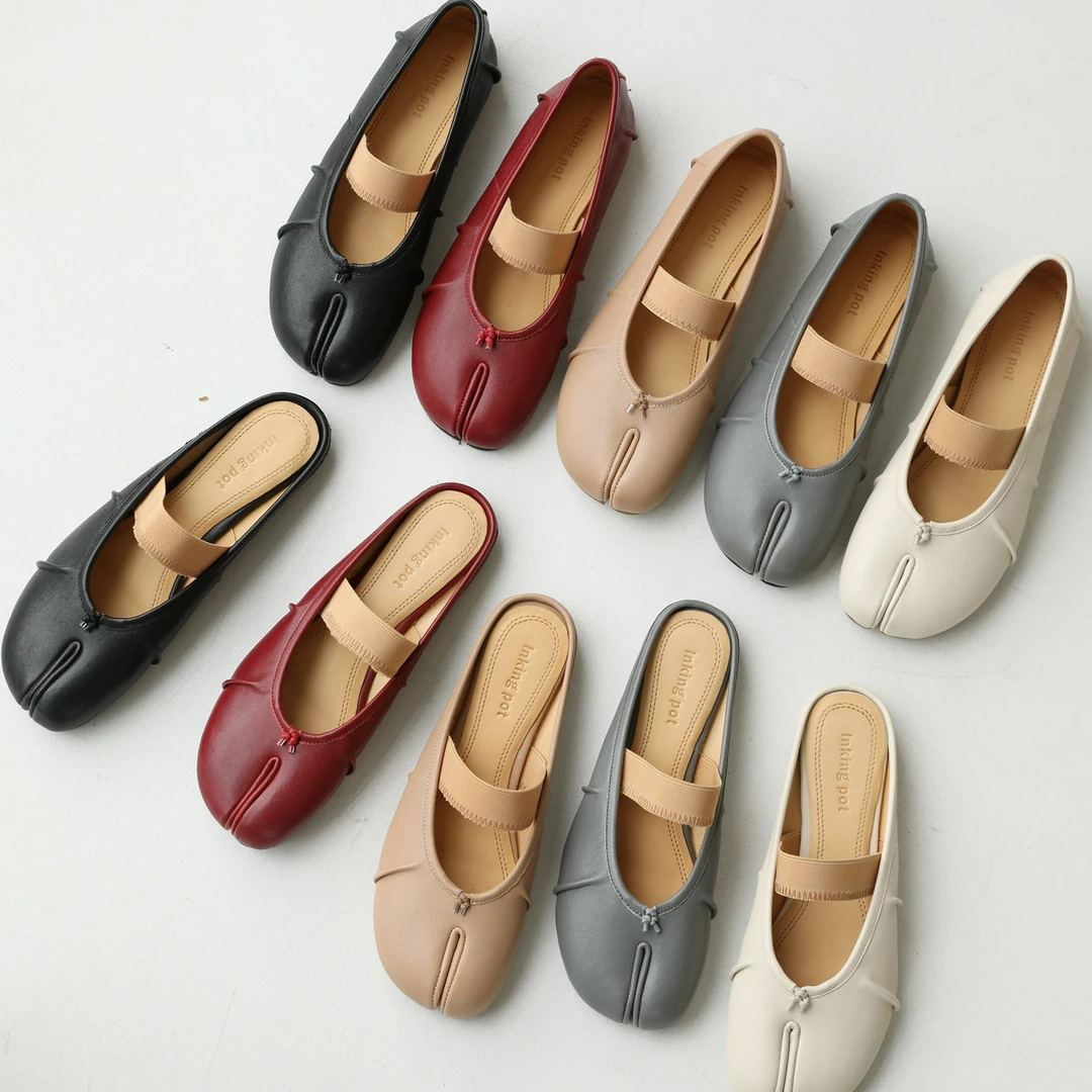 SIS PENG 新款INS浅口软底羊皮猪蹄分趾单鞋一字带平底拖鞋