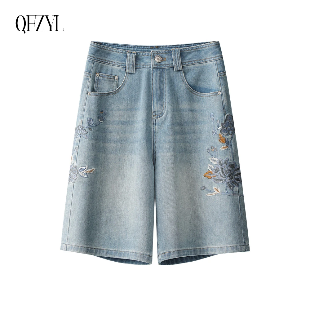 浅色设计感牛仔短裤女2024新款夏季薄款高腰直筒五分裤子夏天爆款