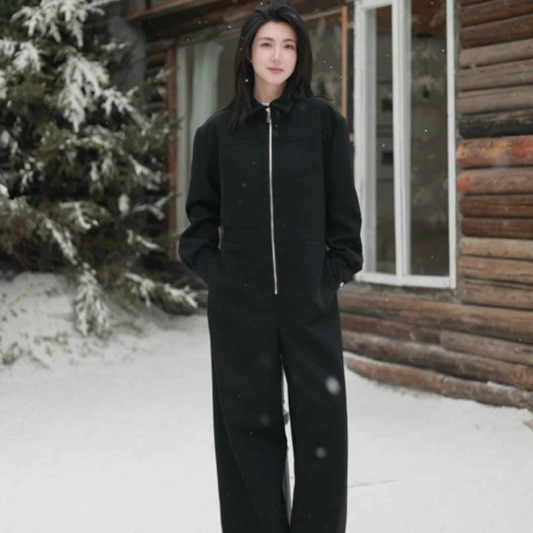 【壁虎姐】F2024新款 黑色衬衫领拉链气质高级宽松连体裤