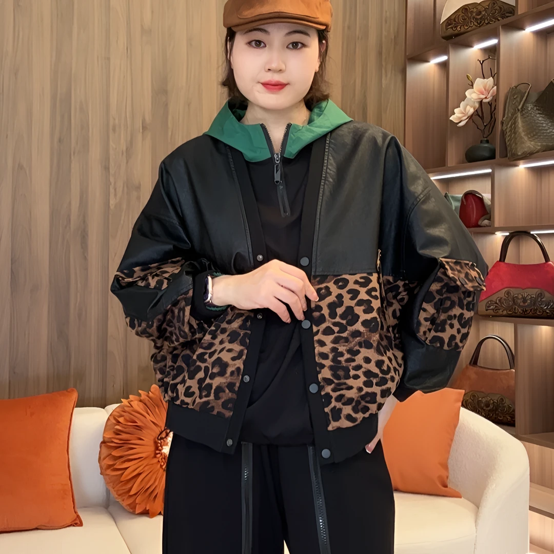2024秋季新款拼接洋气豹纹休闲外套休闲百搭宽松显瘦短裤皮衣