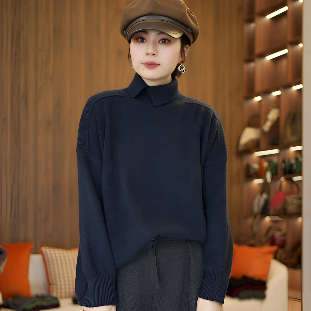 知南2024新款百搭纯色宽松半高领长袖针织衫