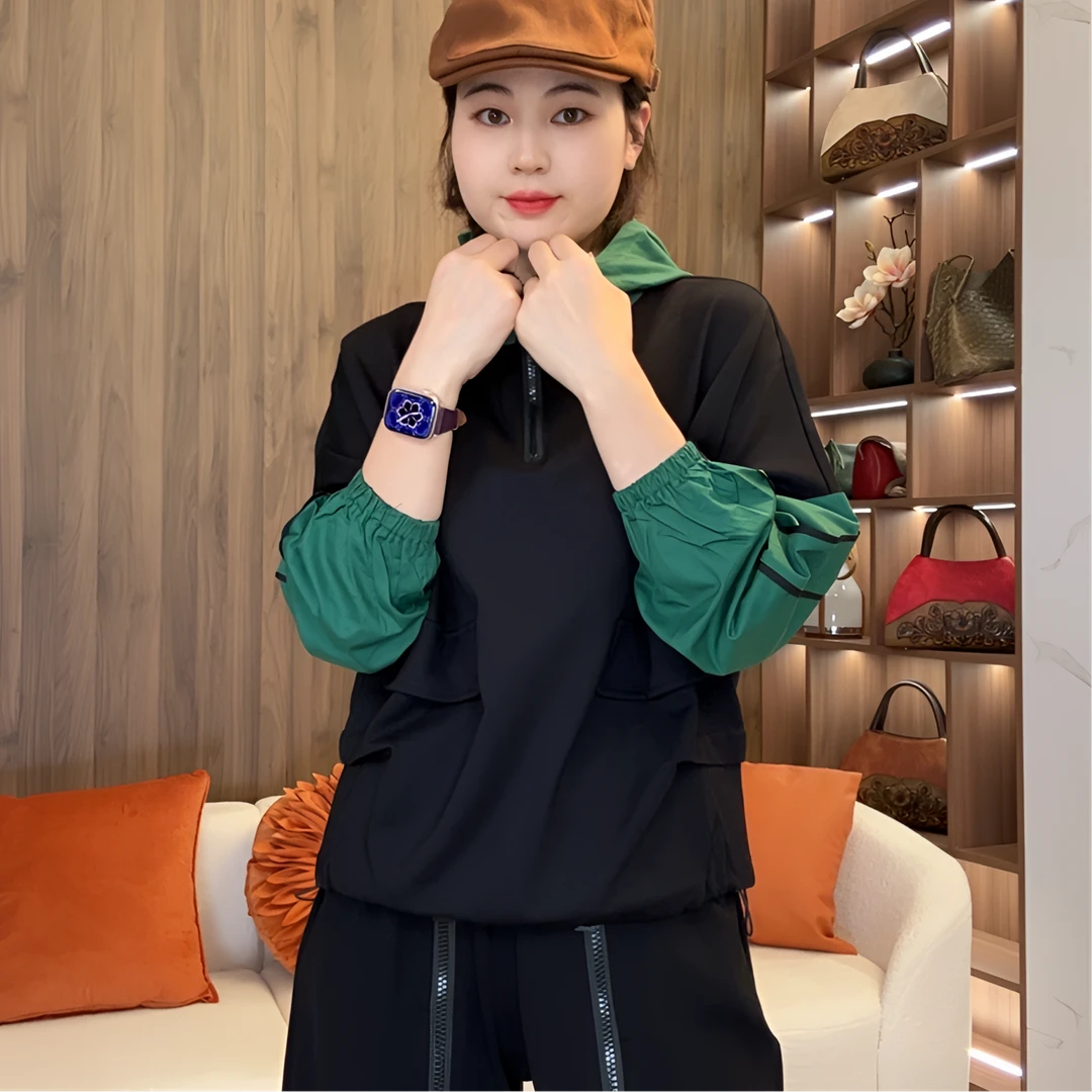 2024秋季新款帽衫休闲撞色拼接套头衫宽松显瘦洋气长袖连帽卫衣