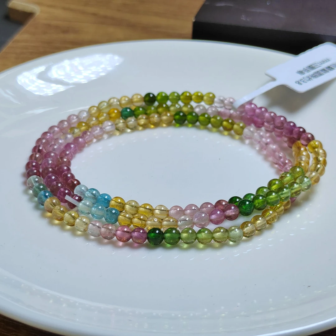 糖果色碧玺圆珠约3.8mm三圈手串