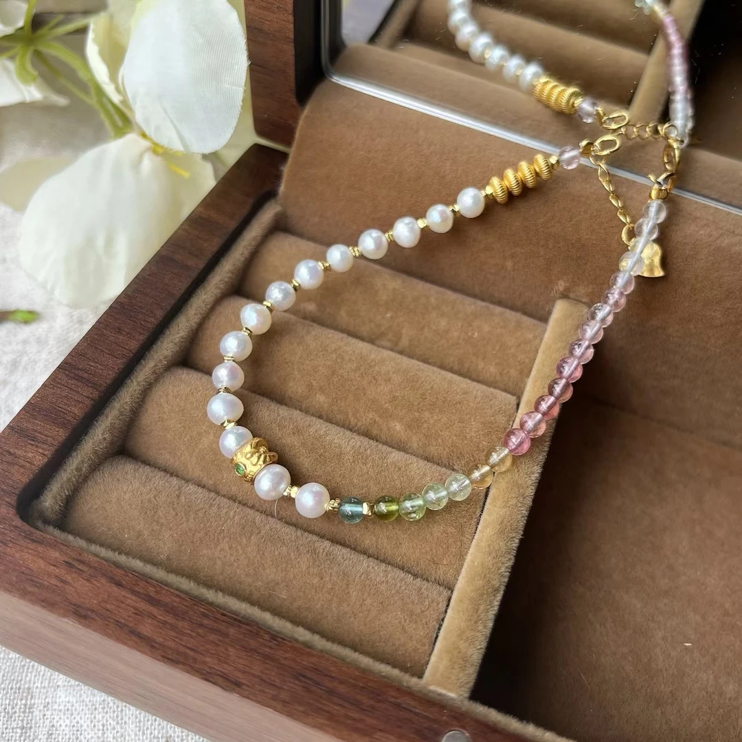 碧玺圆珠约3.3mm配珍珠约4mm+银配件手链