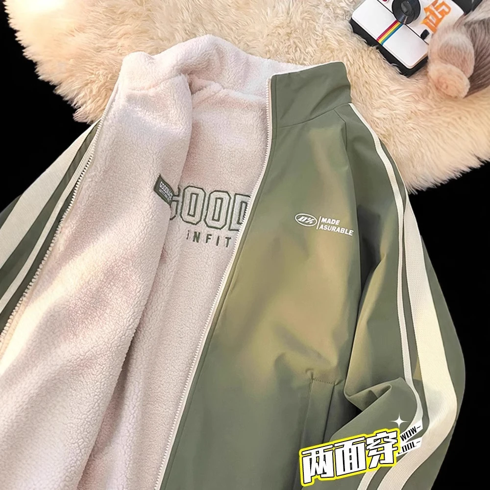 NASA2024新款两面穿外套男秋冬季加绒加厚保暖连帽羊羔绒冲锋夹克