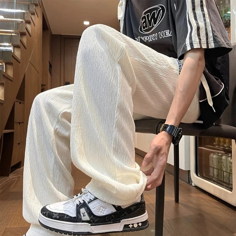 肌理感冰丝休闲裤男夏季薄款宽松直筒阔腿裤子潮流百搭拖地长裤