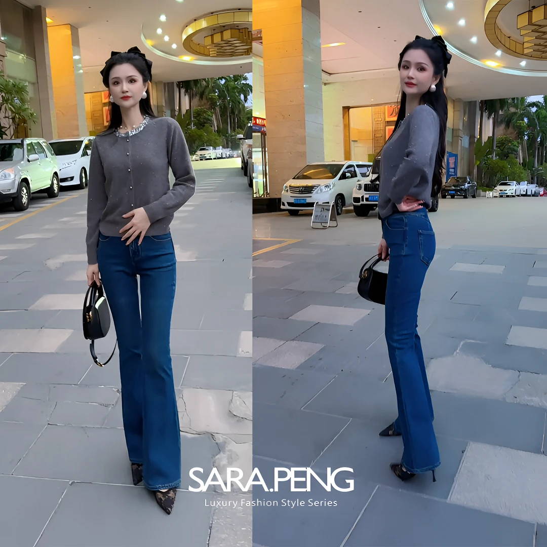 SARA.PENG蜜桃电臀/高定高弹力翘臀感显腰修腿显瘦拼接微喇牛仔裤