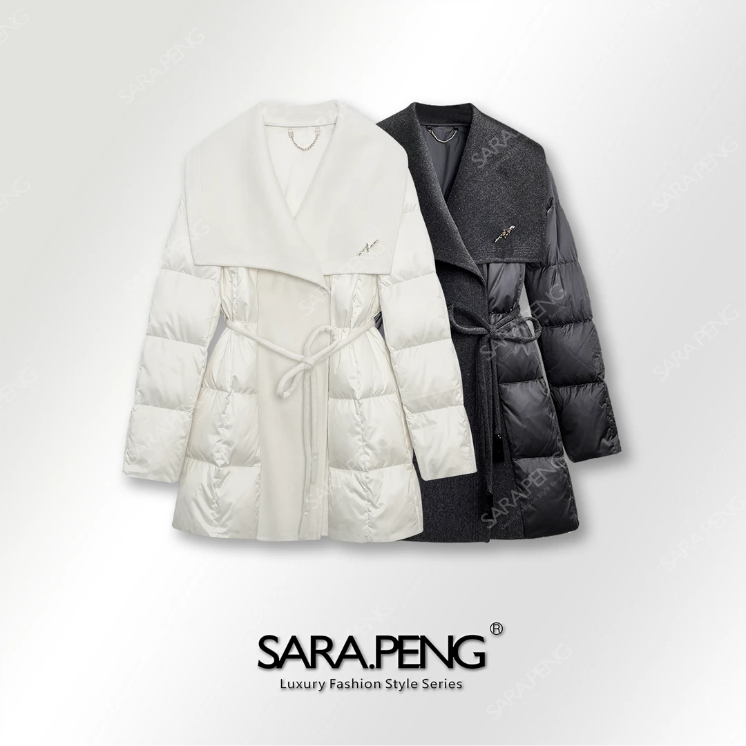 SARA.PENG尊雅之美/轻奢大翻领系带款羊毛羊绒鹅绒百搭面包羽绒服