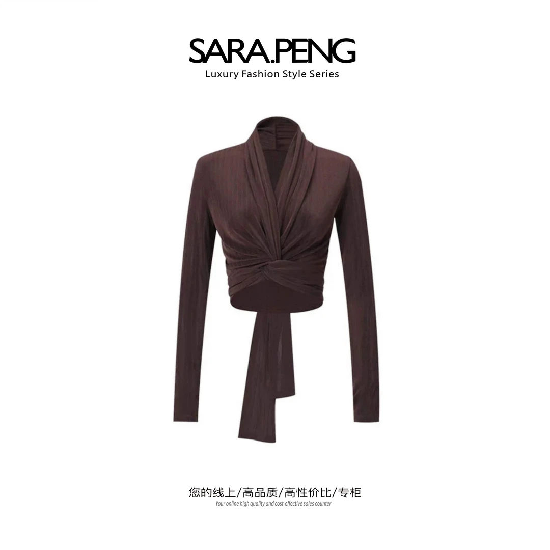 SARA.PENG时尚舞曲/新轻奢高品设计醋酸交叉系带百搭修身秋冬上衣