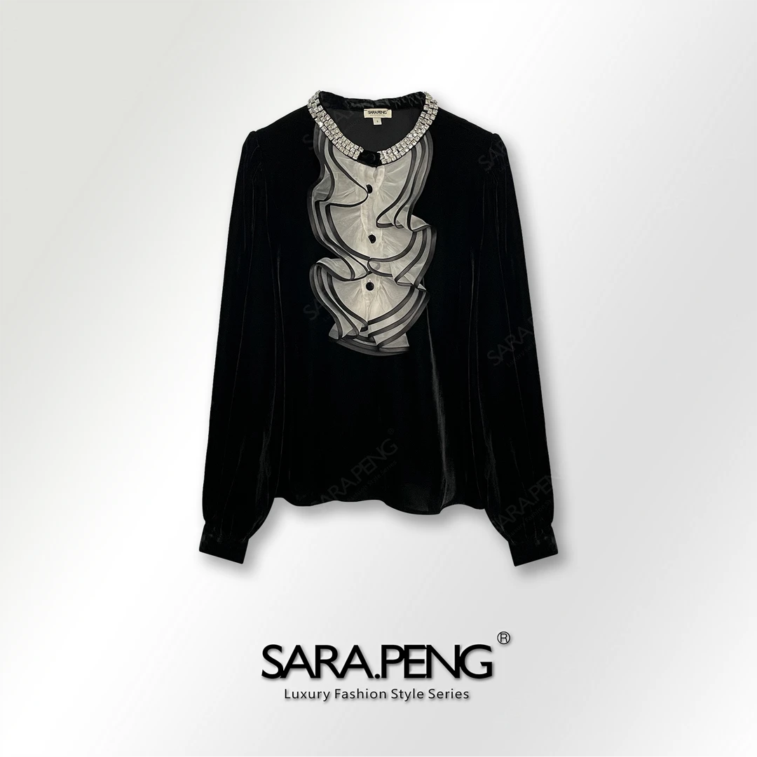 SARA.PENG宫廷花/法式复古宫廷风桑蚕丝丝绒拼花朵洋气款上衣女士