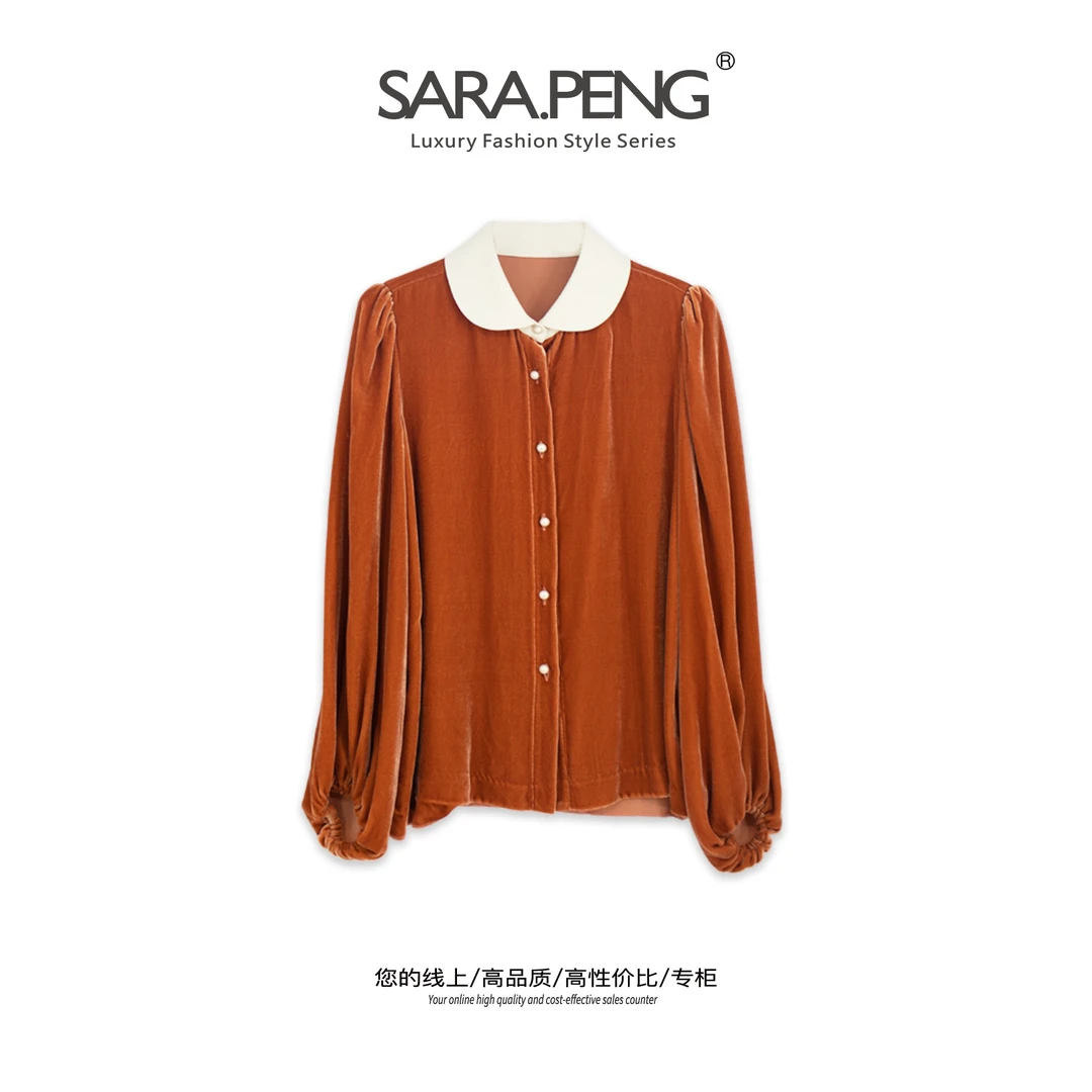 SARA.PENG【轻奢上衣】2023-法式小圆领秋季丝绒拼接品牌百搭上衣