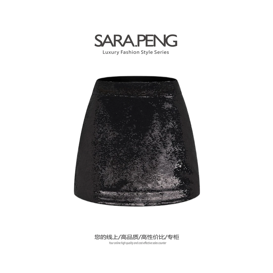 SARA.PENG闪亮天使短裙/新国际风范女神开叉A字形优雅气质半身裙
