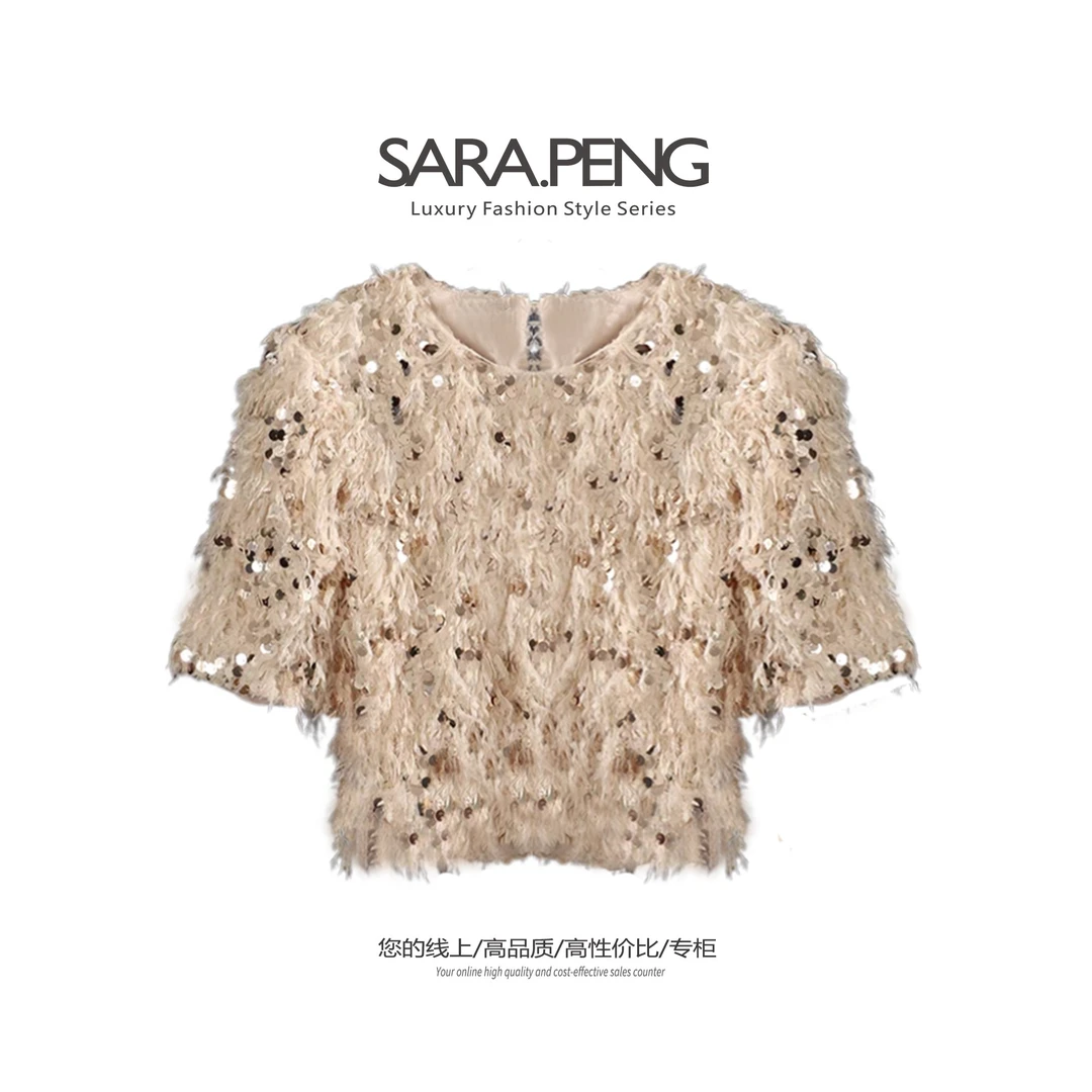 SARA.PENG高定短袖上衣/丁达尔穿搭时尚款缤金羽重工亮片短袖美衣