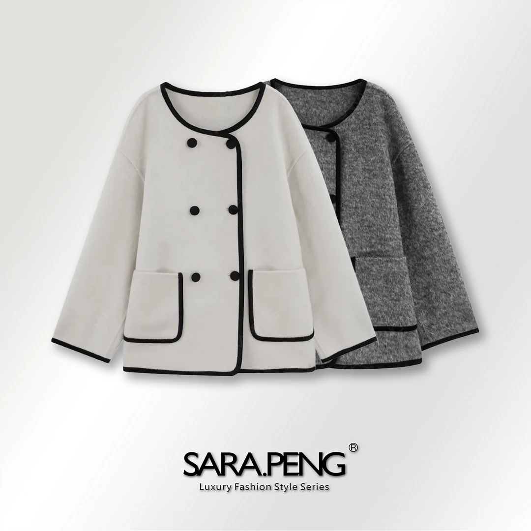 SARA.PENG暖雅呢影/秋冬季圆领撞色大口袋羊毛骆驼绒百搭大衣外套