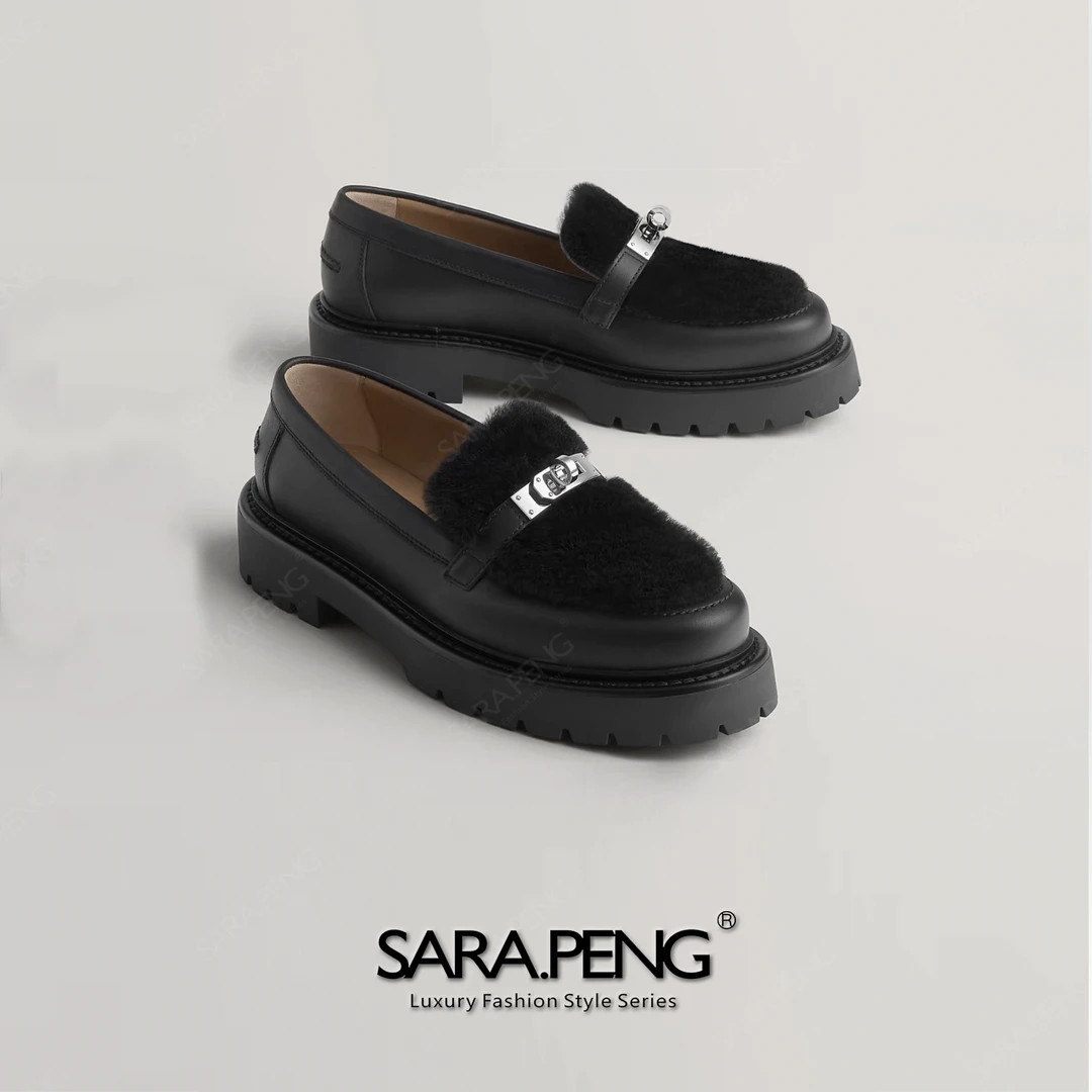 SARA.PENG爱马乐福/经典复古拼真皮一脚蹬高级百搭厚底乐福鞋靴