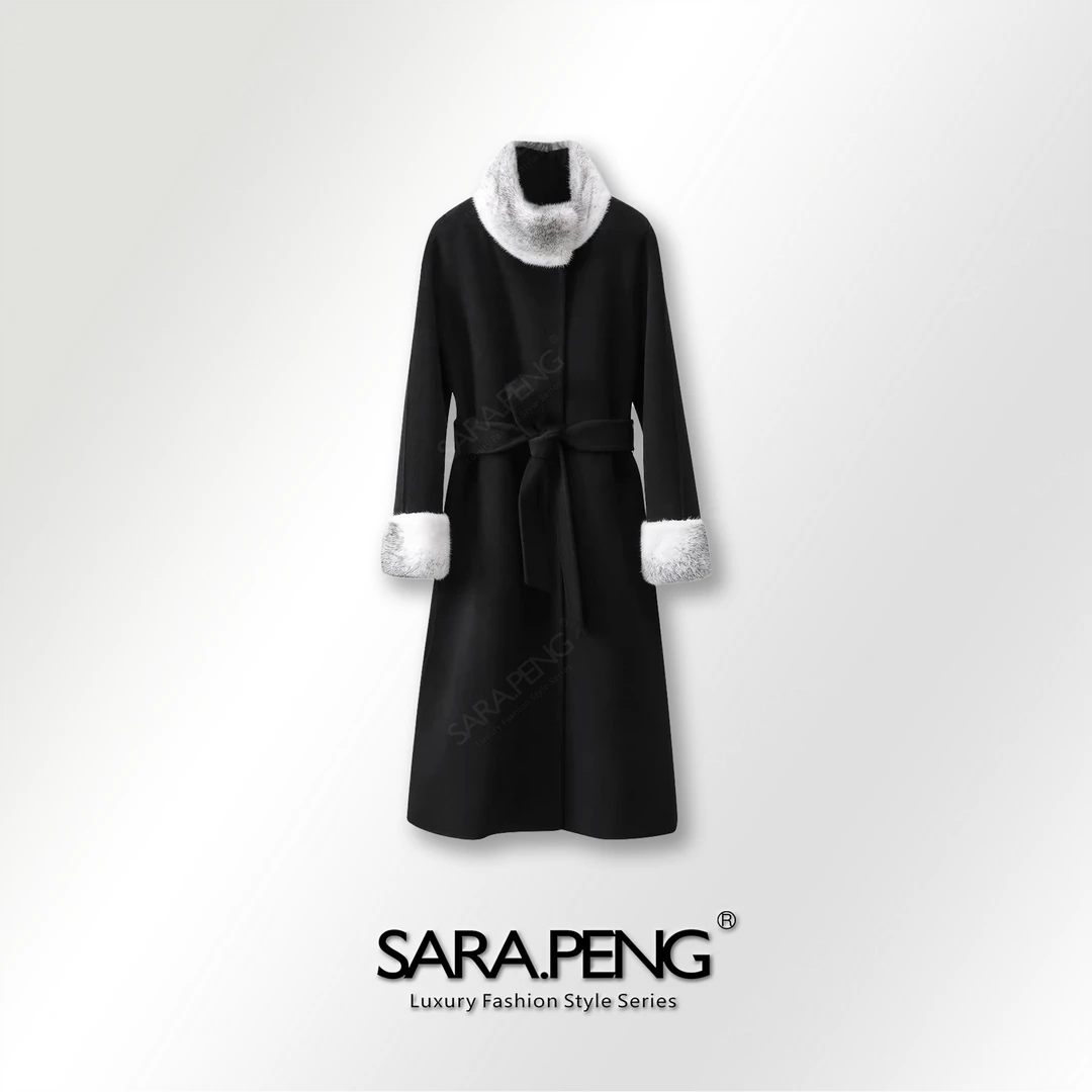 SARA.PENG夜影巴黎/高端超细双面羊毛+羊绒毛呢大衣拼水貂毛外套