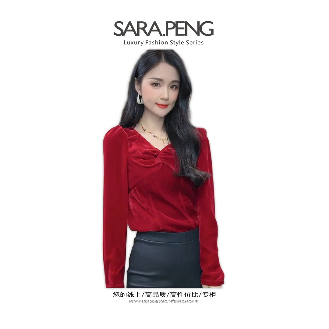 SARA轻奢 │ 2022爆款法式高定丝绒交叉修身气质设计时尚上衣