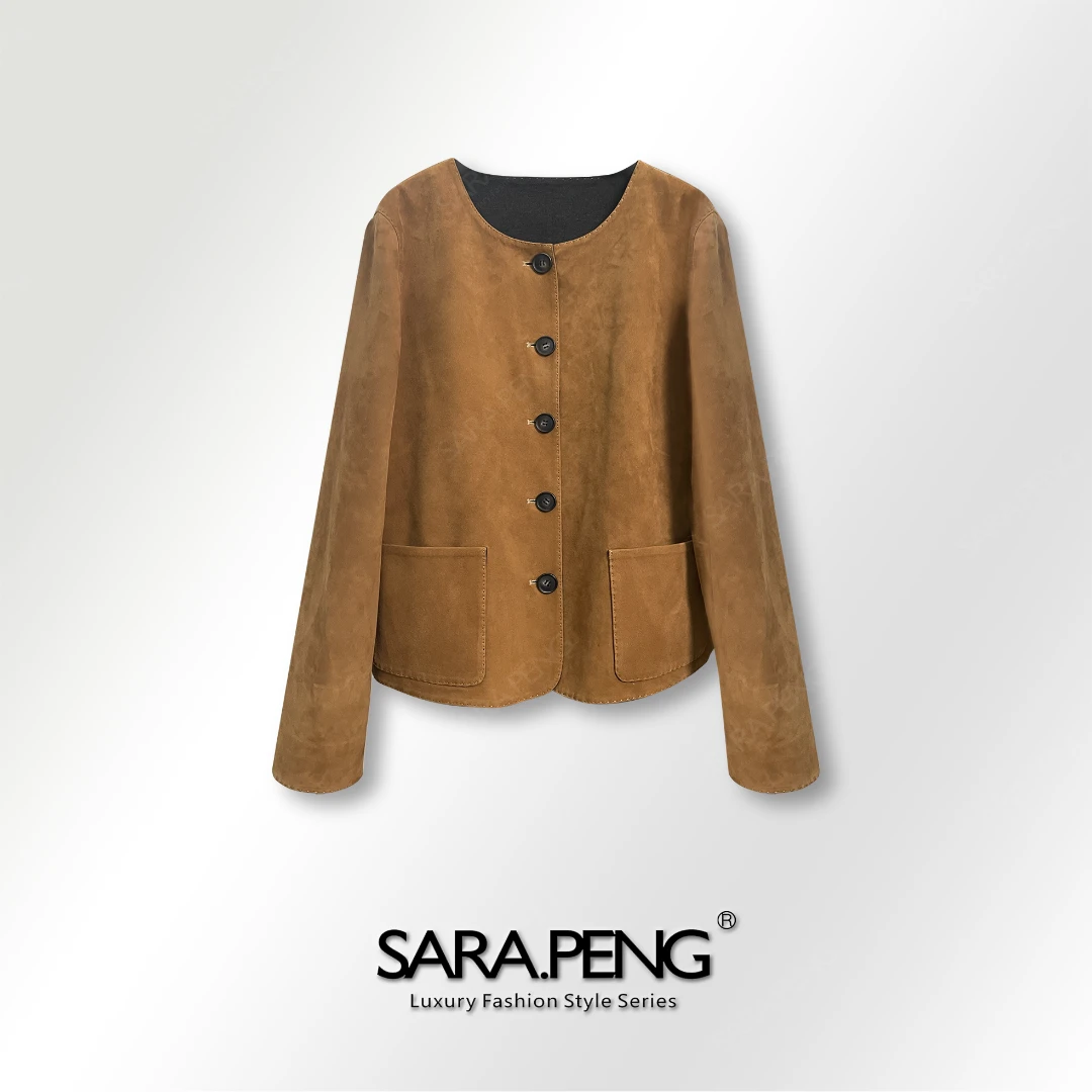 SARA.PENG金系贵族/复古反绒羊皮口袋外套休闲气质显瘦真皮外套