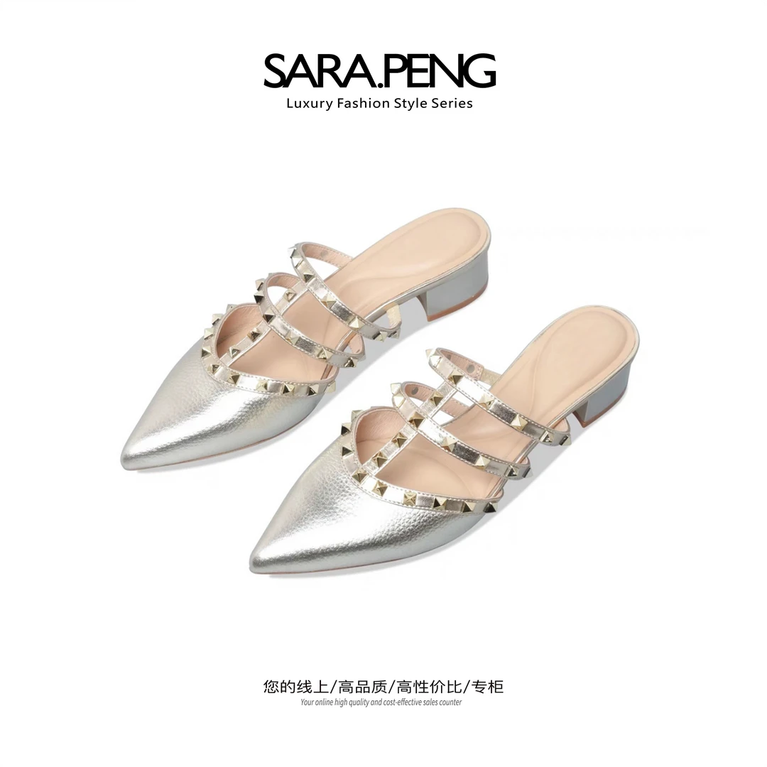 SARA.PENG穆勒天使-真皮尖头高品质柳丁百搭凉拖舒气质适底半拖鞋