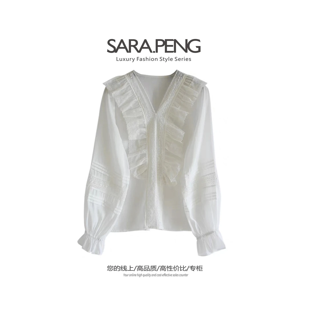 SARA.PENG【绝美宫廷衫衣】高定精致荷叶镂空蕾丝套头灯笼袖衬衣