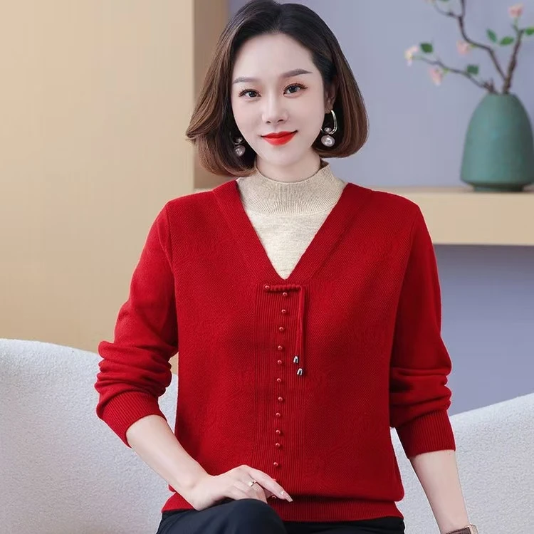 俏优佳妈妈秋装新款洋气假两件上衣中年时尚长袖遮肚打底衫