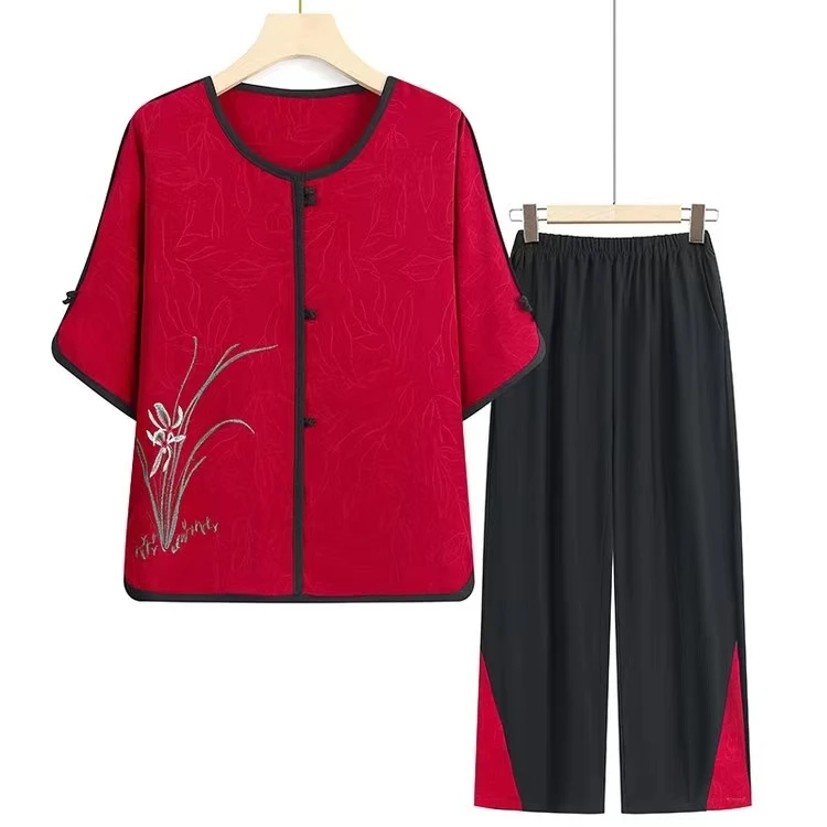 俏优佳夏季新款中老年大码套装洋气时尚宽松妈妈装奶奶装两件套