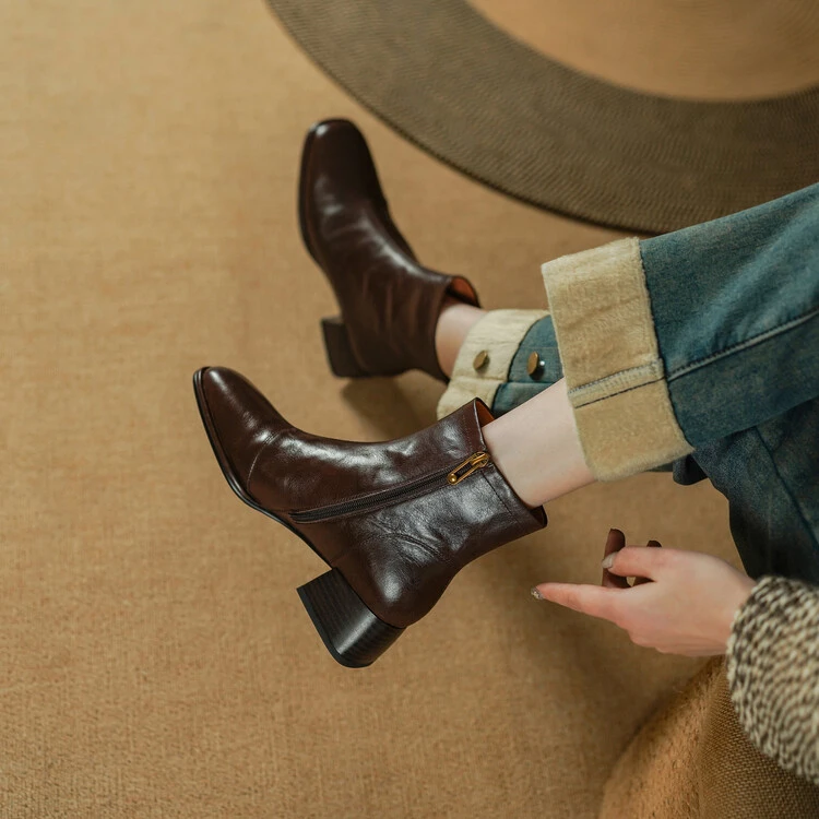 牛皮 跟4cm复古风方头粗跟切尔西靴2024秋季新款侧拉链时尚短靴女