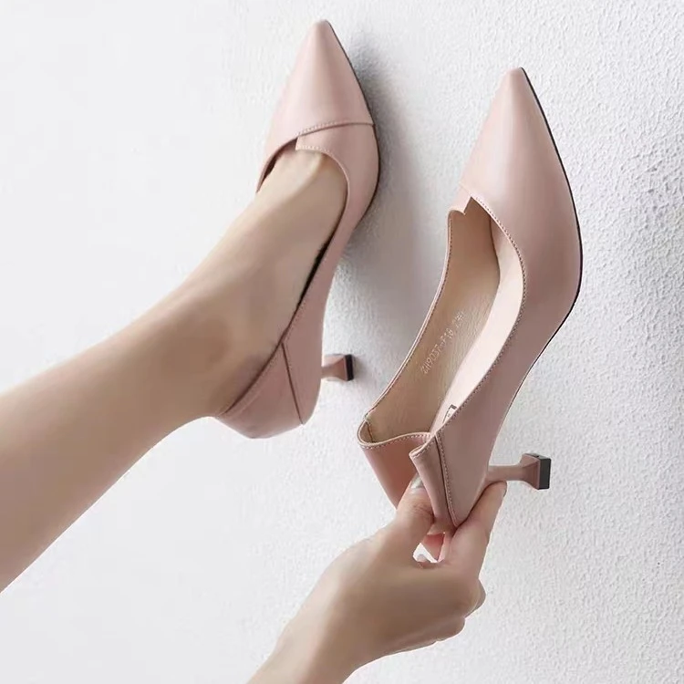 201—333系扣耐磨尖头裸杏色细跟高跟鞋职业韩版春秋百搭浅口单鞋