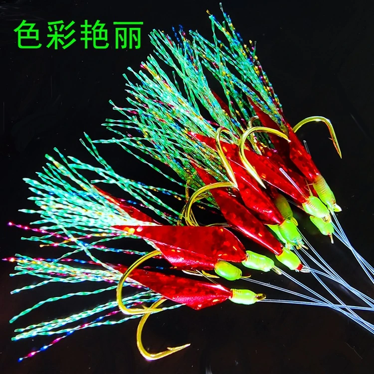 无品牌仿鱼皮钩红色镭射反光鱼皮一米子线夜光漆金银丝仿生路亚钩