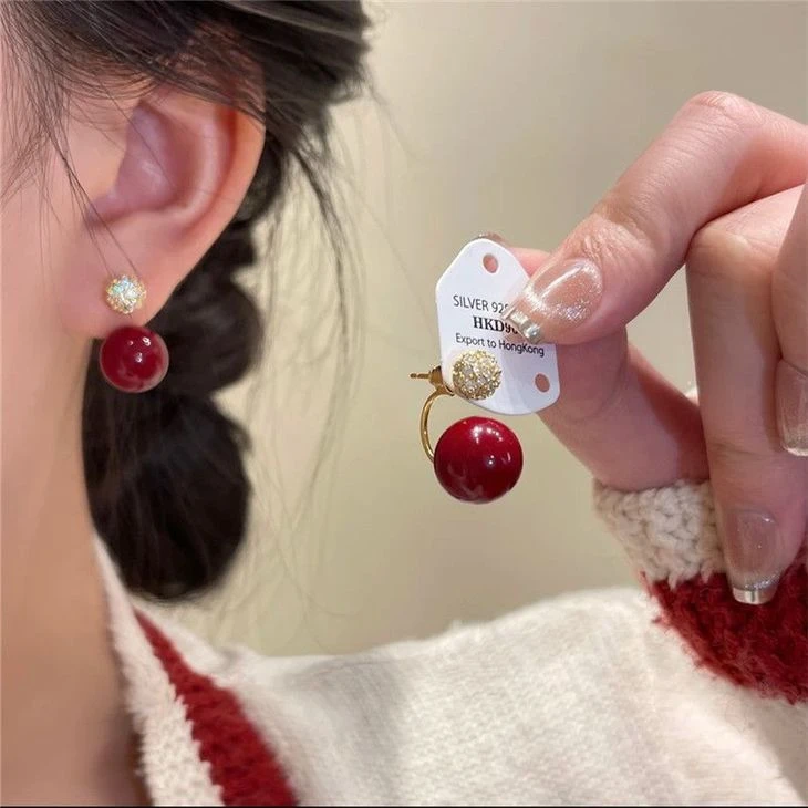 合金耳饰 酒红色显白耳钉珠珠耳钉小众气质百搭耳环法式简约耳饰