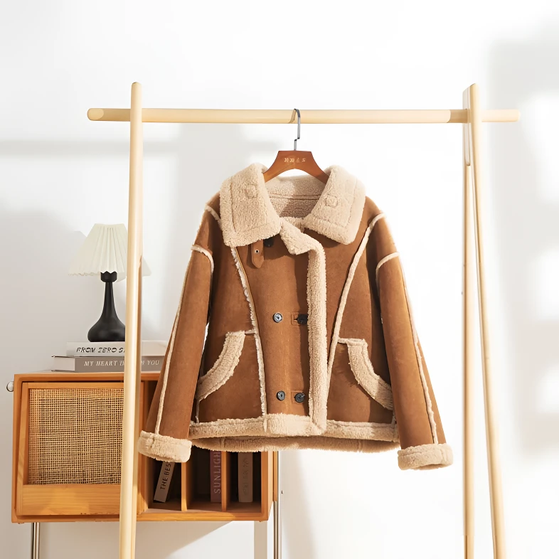 皮毛一体羊羔毛外套女新款高级感炸街加厚短款机车服XP-2638