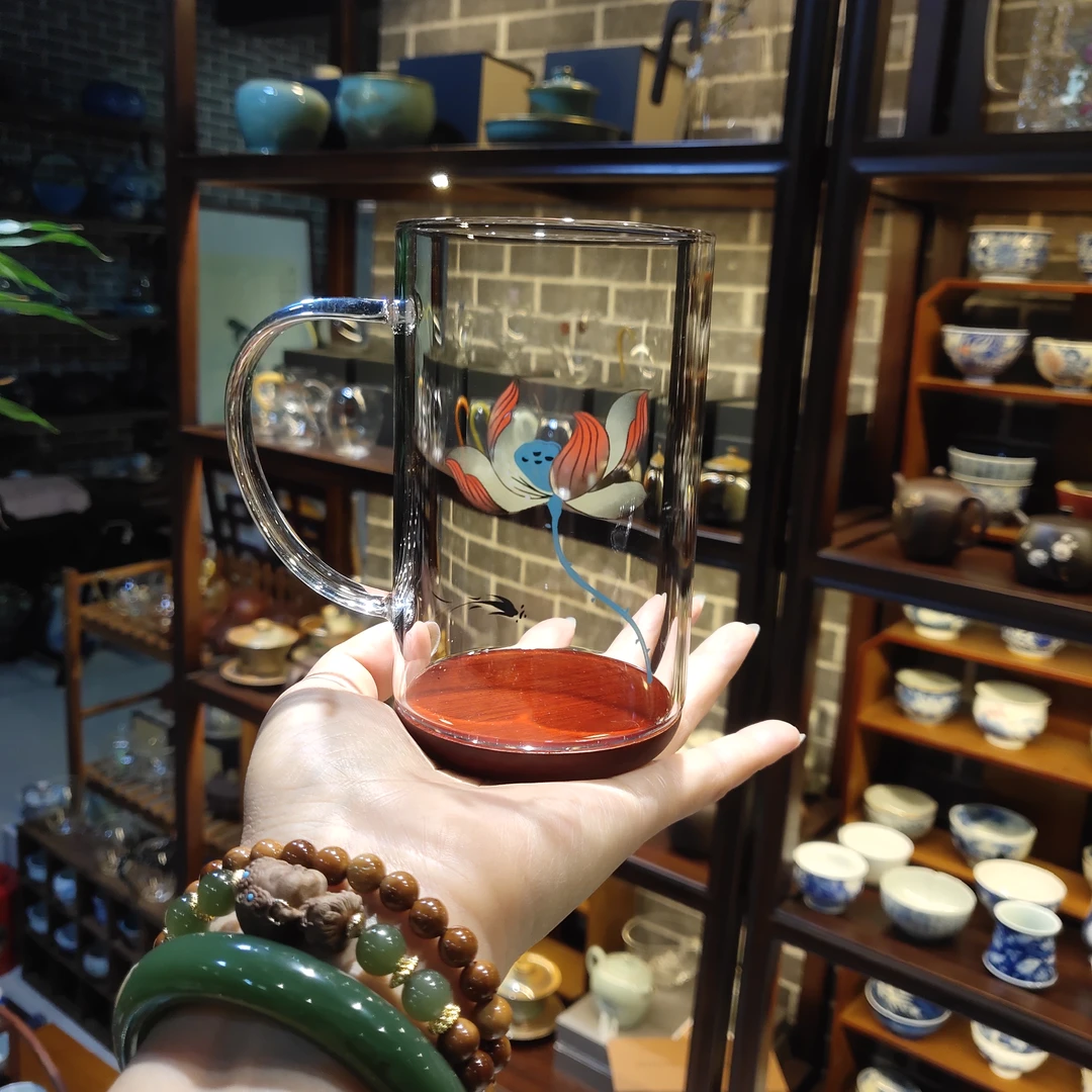 荷花高端绿茶杯300毫升手工茶杯透明