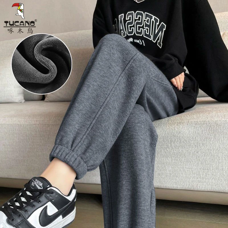 啄木鸟秋冬新款加绒束脚裤女加厚保暖羊羔绒显瘦休闲外穿运动裤子