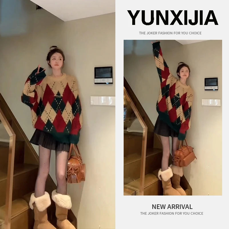 女装冬季款2024年新款爆款美德拉复古宽松圆领圣诞毛衣短裙两件套