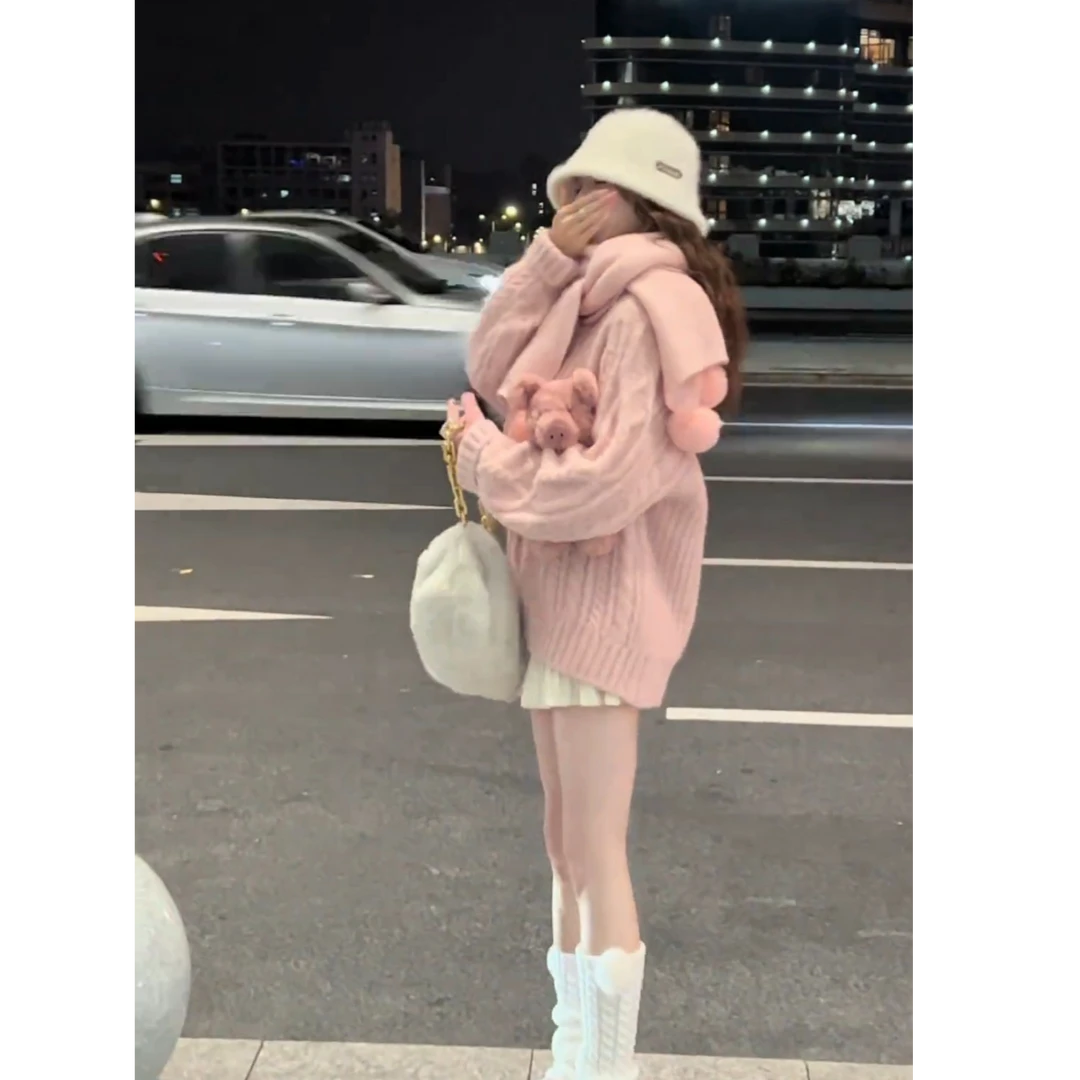 温柔系穿搭秋冬套装2024新款爆款时尚甜美连帽套头毛衣短裙两件套