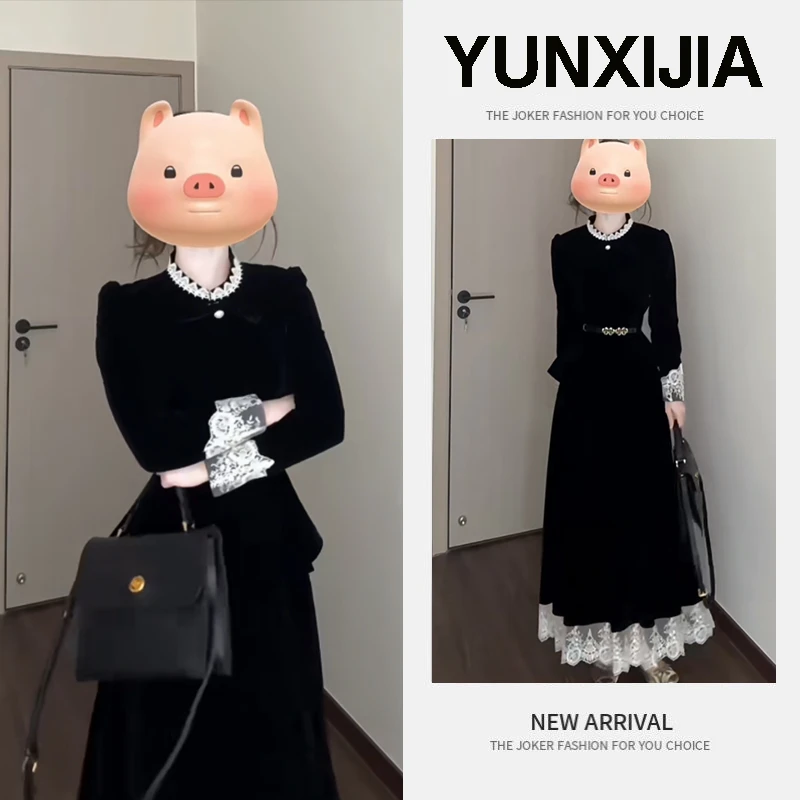 入秋一整套女装2024新款法式千金气质蕾丝拼接上衣半身裙两件套装