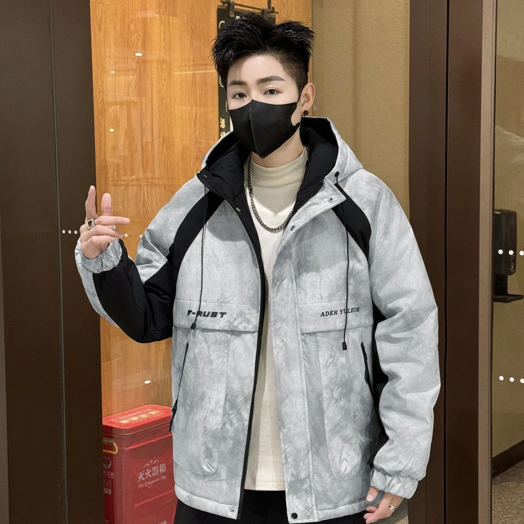 【加棉加厚 】冬季时尚百搭男款拼接休闲外套情侣宽松连帽保暖棉服