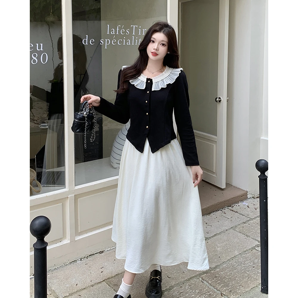 清63508现大码2024秋季新款法式娃娃领小衫高腰半身裙小香风套装