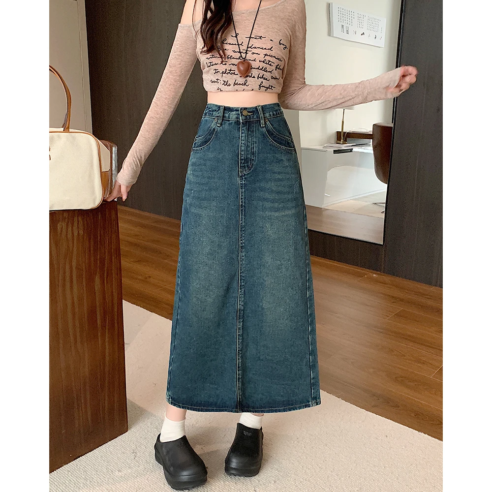 大码女装2025春季款高腰复古开叉牛仔半身裙遮胯a字包臀裙65482